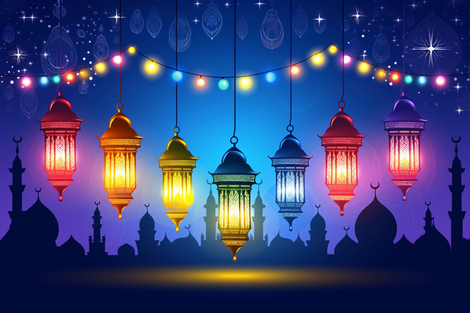 Ramadan Kareem greeting banner design with Mosque minar deferent color lantern and light