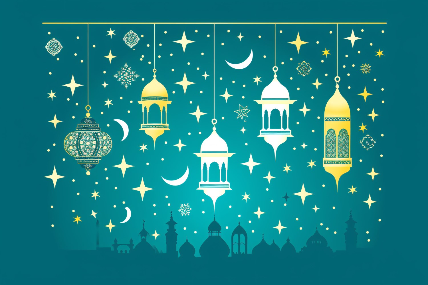 Ramadan Kareem greeting banner design with Golden & white lantern moon star & Mosque minar