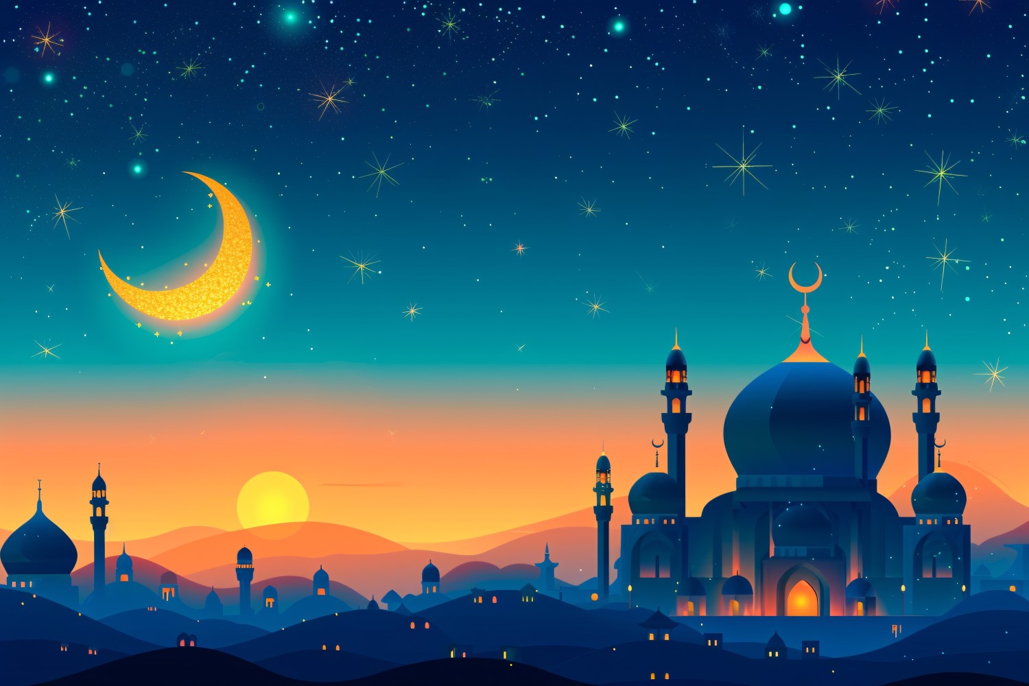 Ramadan Kareem greeting banner design with Golden moon and Mosque minar 0