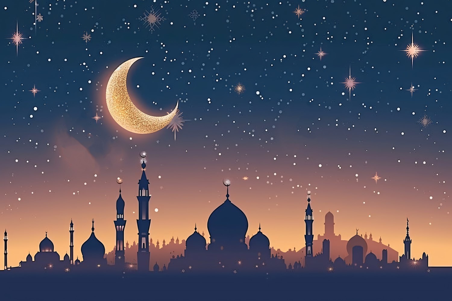 Ramadan Kareem greeting banner design with Golden color glitter & moon & Mosque minar