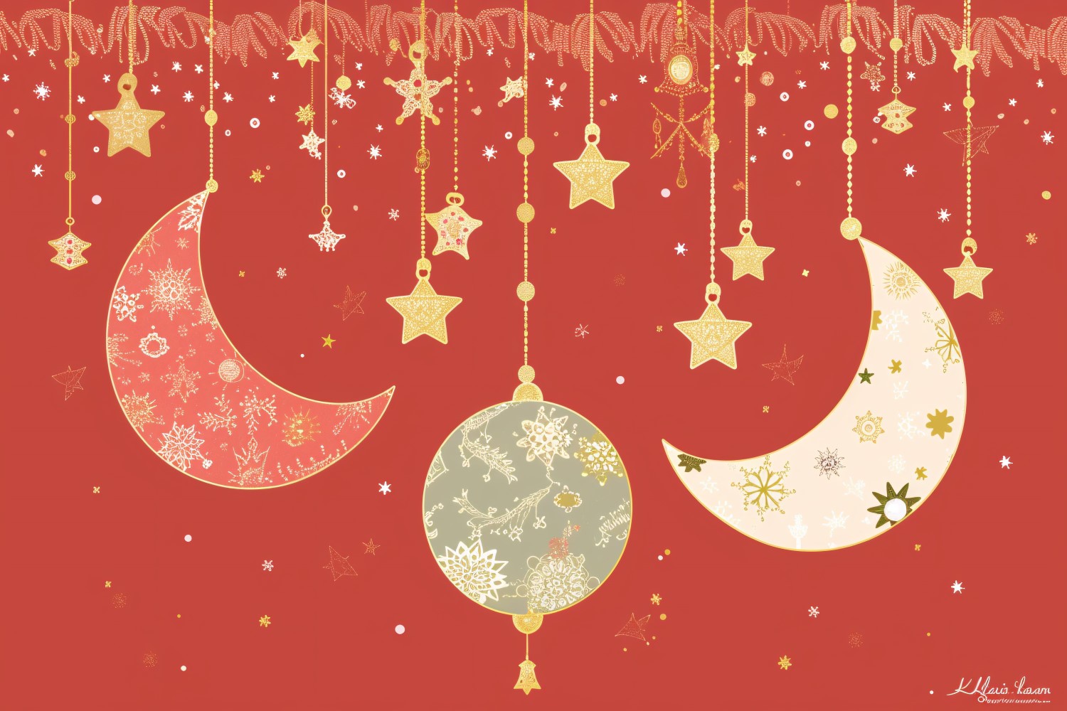 Ramadan Kareem greeting banner  with white and pink moon with golden star and golden and white