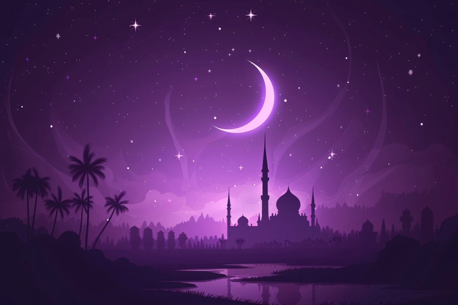 Ramadan Kareem greeting banner design with purple color moon and Mosque minar