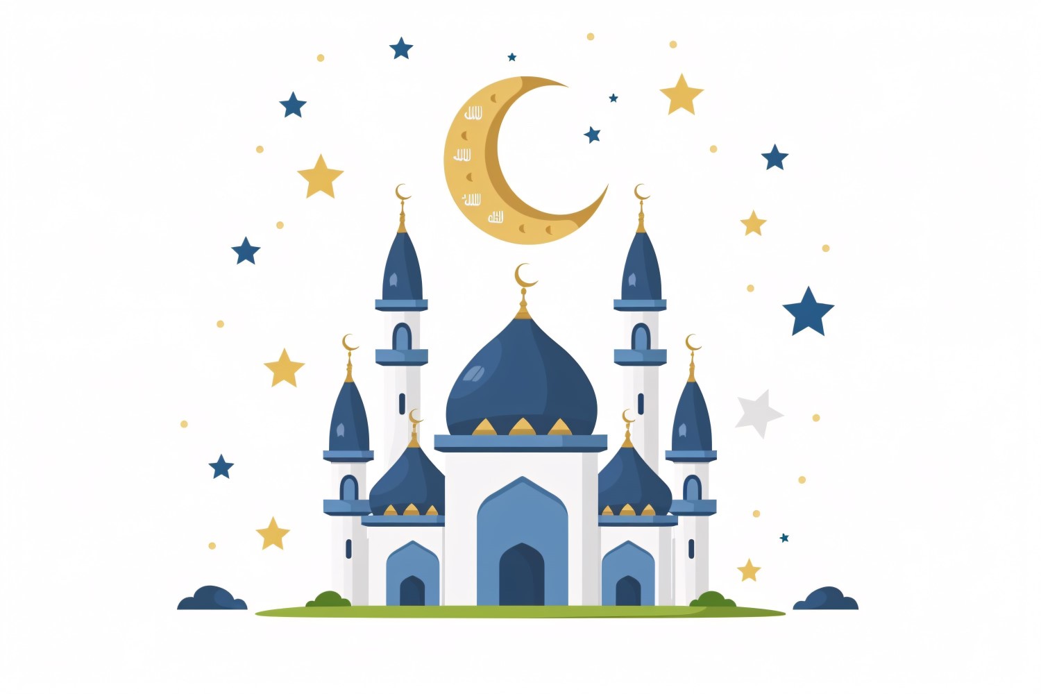 Ramadan Kareem greeting banner with golden moon and blue and golden star and mosque minar