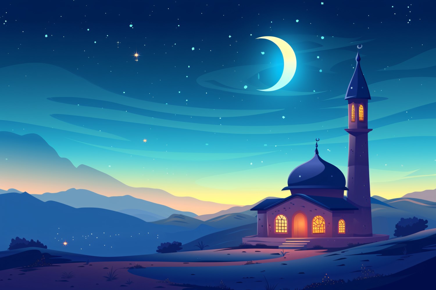 Ramadan Kareem greeting banner design with moon and purple color Mosque minar on the snow mountain