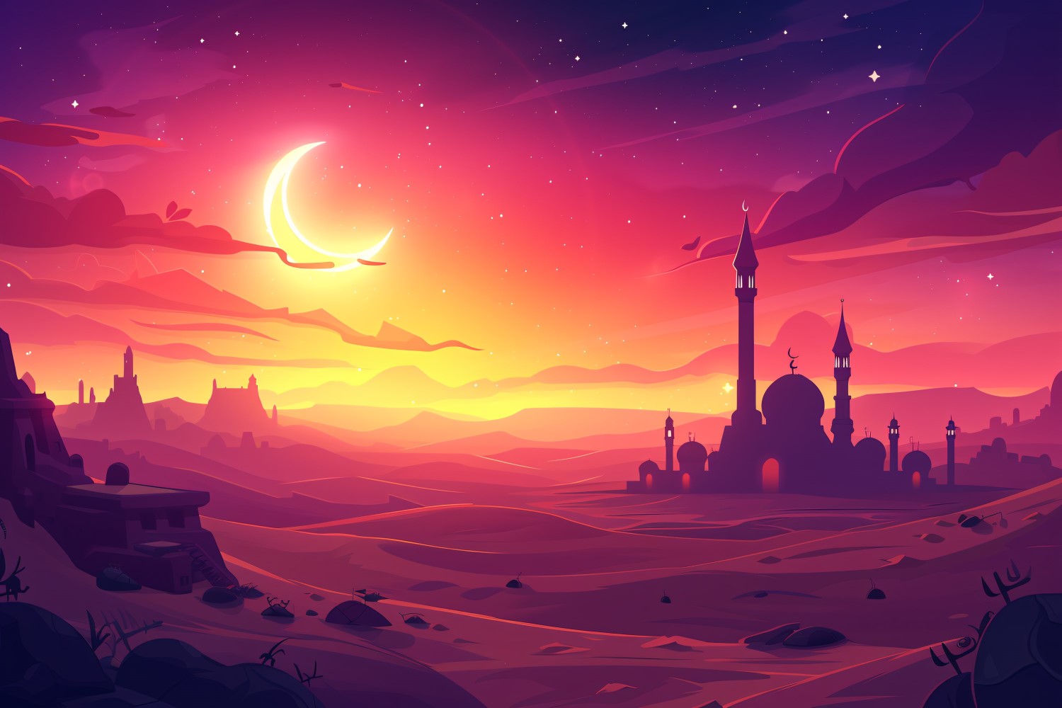 Ramadan Kareem greeting banner design with moon and Mosque minar on the Desert