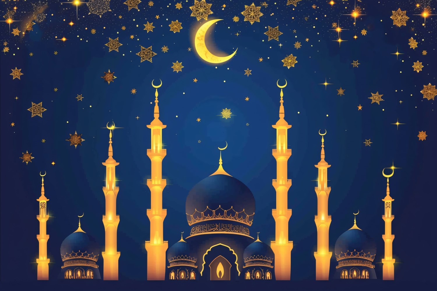 Ramadan Kareem greeting banner design with golden moon & star with Mosque minar