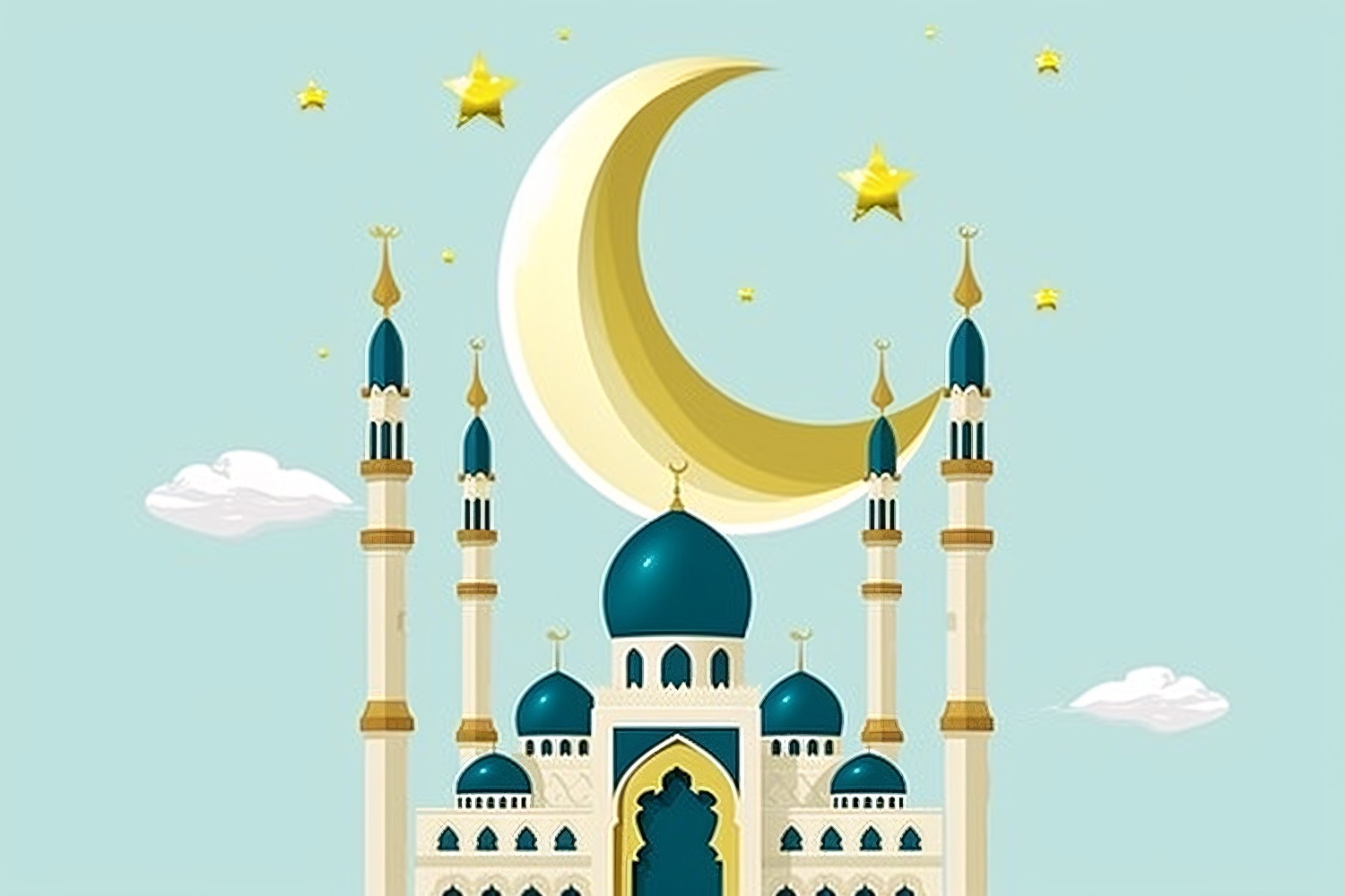 Ramadan Kareem greeting banner design with moon & star with blue and postal color Mosque minar