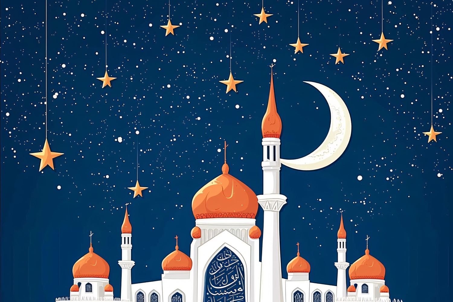 Ramadan Kareem greeting design pastel colors mosque and moon and stars