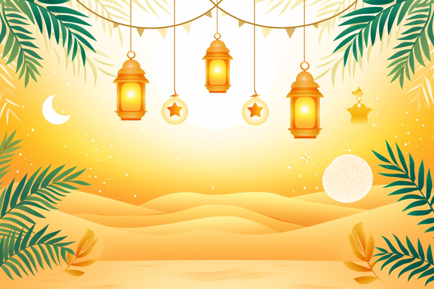 Ramadan Kareem greeting card banner design with Golden lantern moon and green leaves in the desert