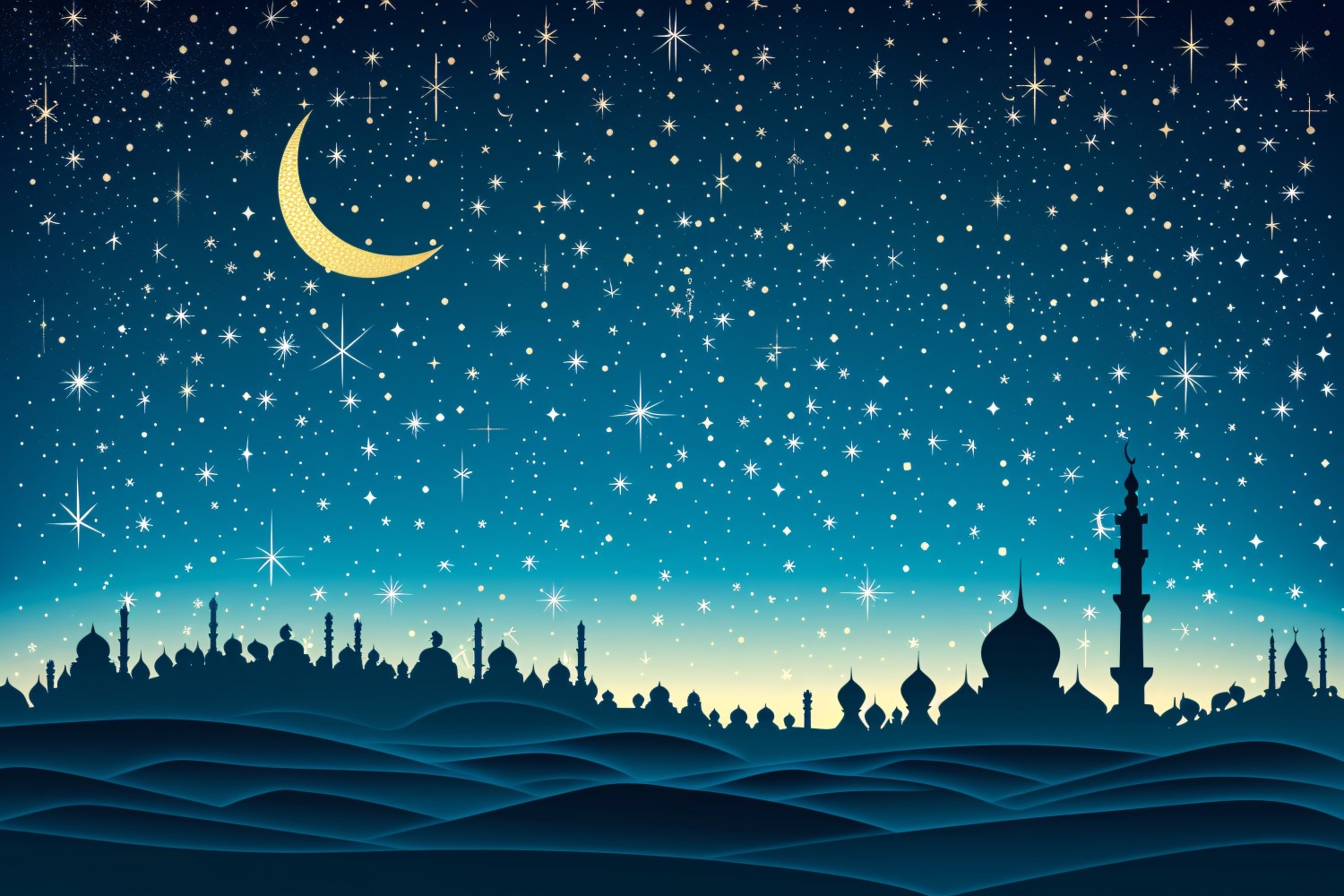 Ramadan Kareem greeting card banner design with Golden moon and star in the desert