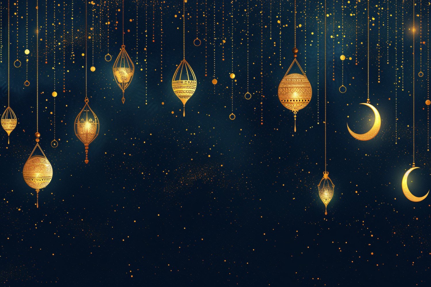 Ramadan Kareem greeting banner design with Golden glitter and lantern and moon