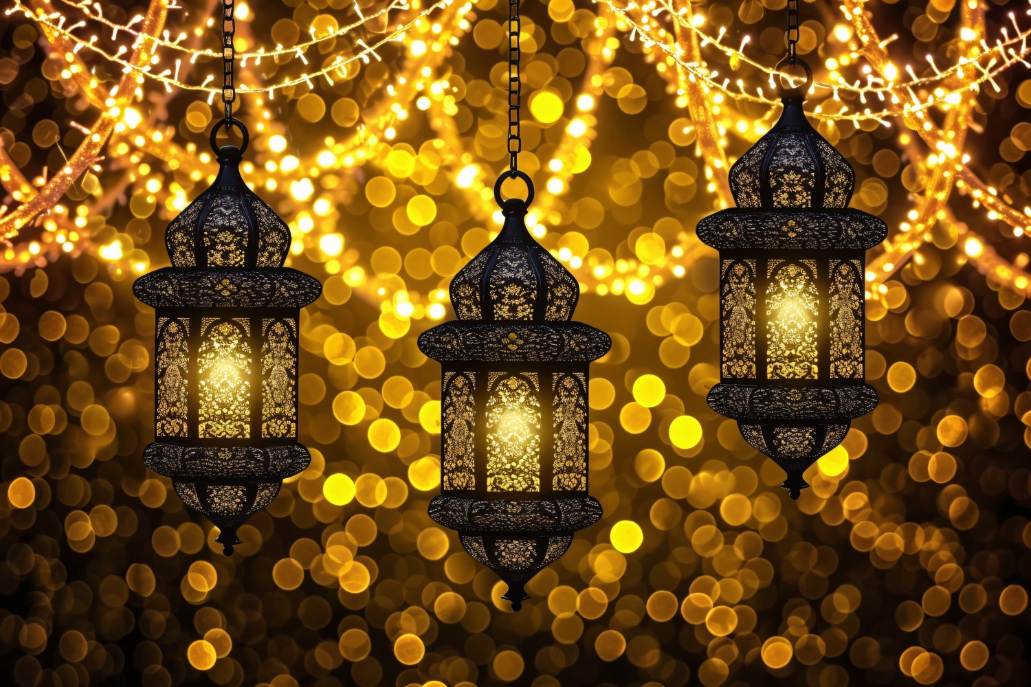 Ramadan greeting banner Golden glitter and lantern Background