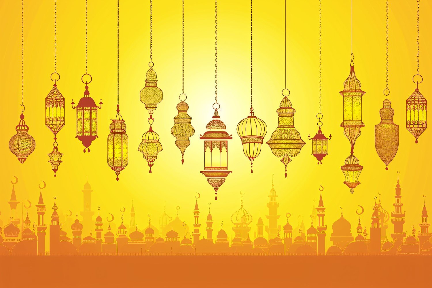 Ramadan Kareem greeting card banner design with Golden lantern and Mosque minar