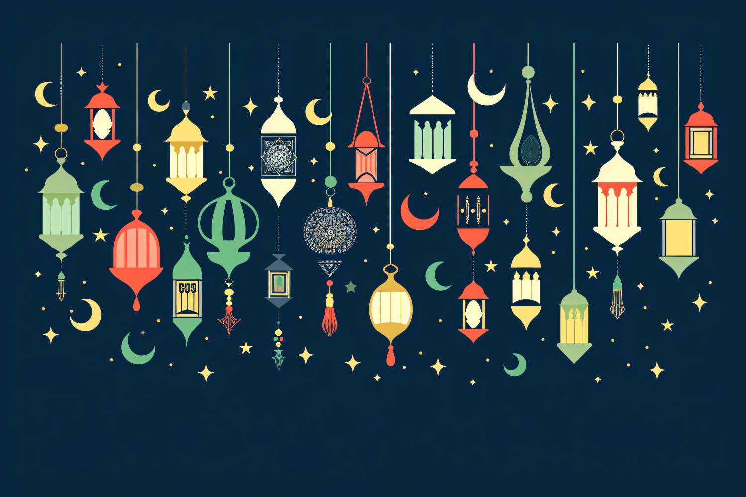 Ramadan Kareem greeting card banner design with colorful lantern moon and star