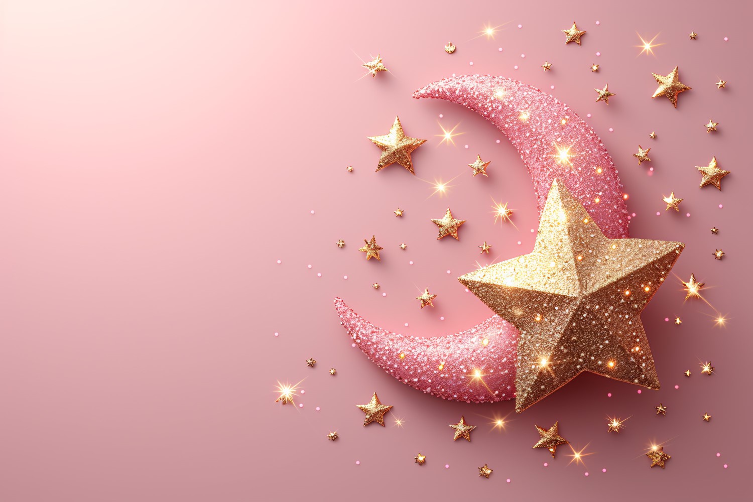 Ramadan Kareem Golden greeting banner design with moon and stars on the pink background