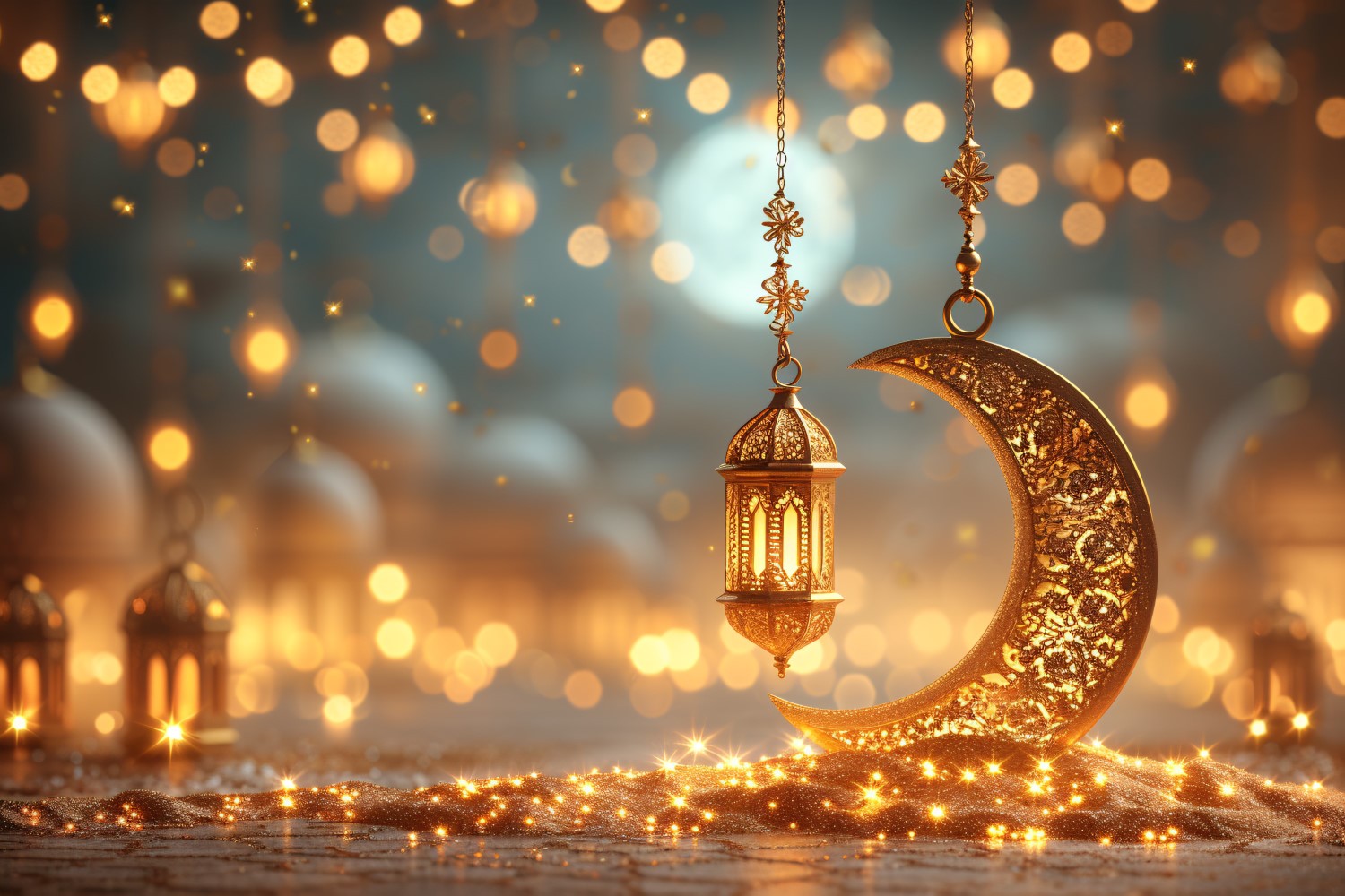 Ramadan Kareem greeting card banner design with Golden lantern and moon and gulden glitter