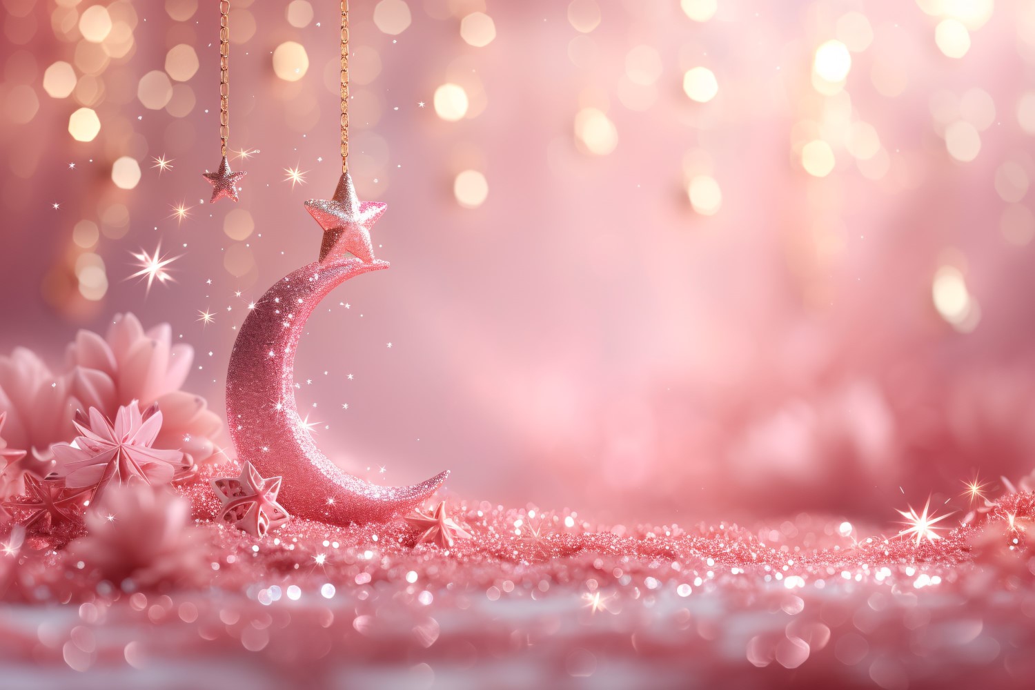 Ramadan Kareem Golden greeting poster design pastel Pink colours glitter with moon and stars