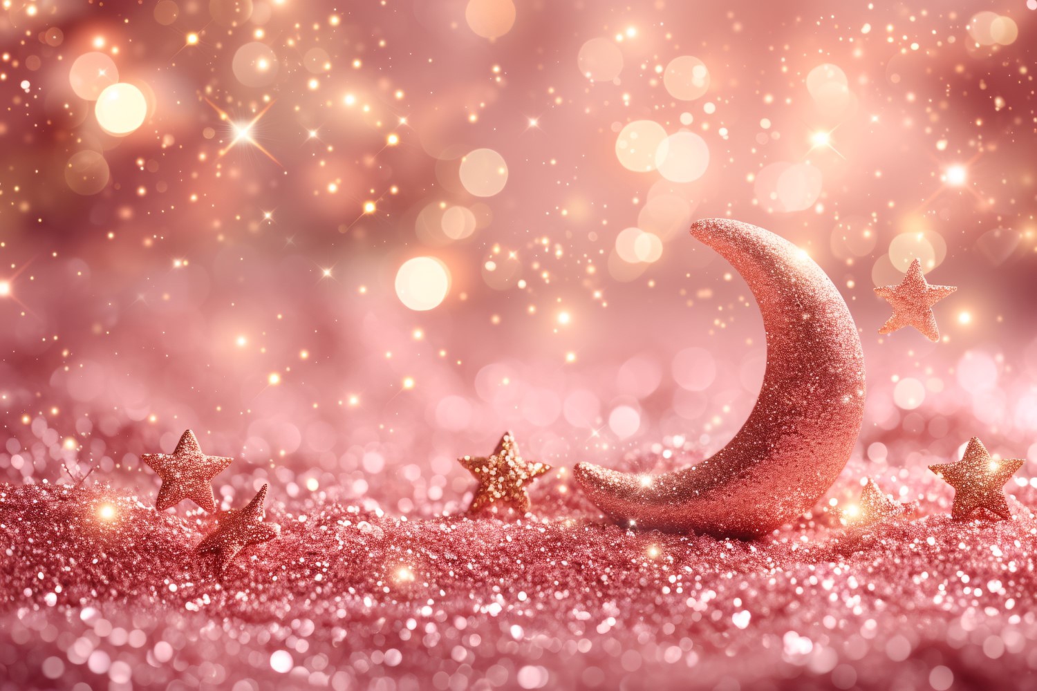 Ramadan Kareem Golden greeting poster design pastel Pink colours glitter with moon and stars 02