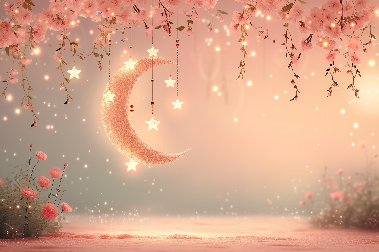 Ramadan Kareem greeting Banner design pastel colours with moon and star and flowers