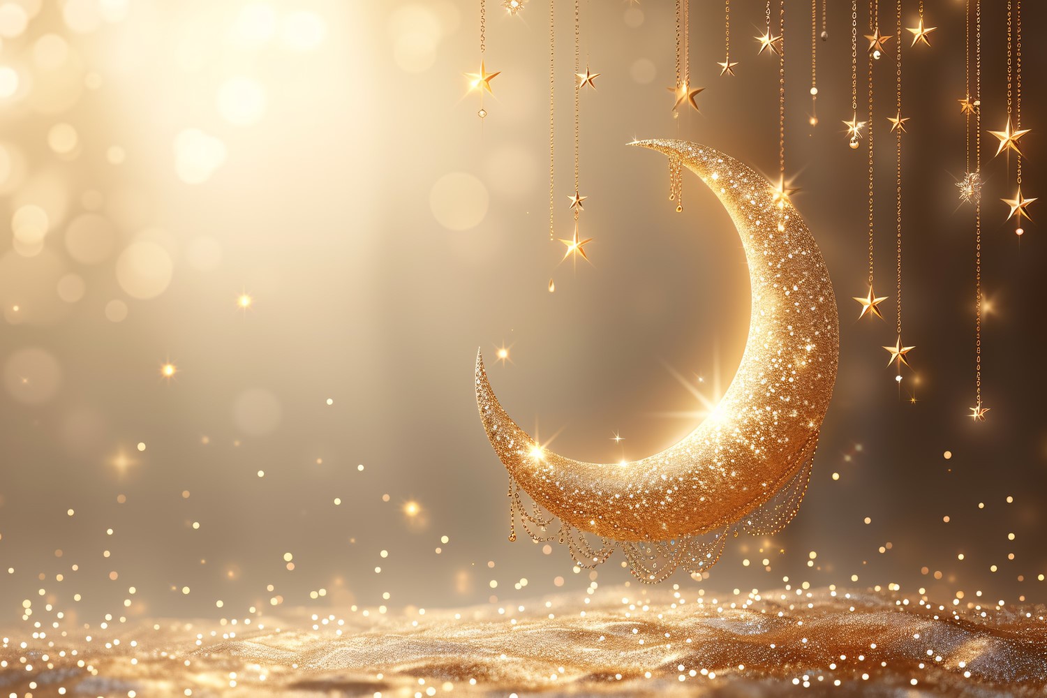 Ramadan Kareem greeting Banner design golden colors glitter with golden moon and star