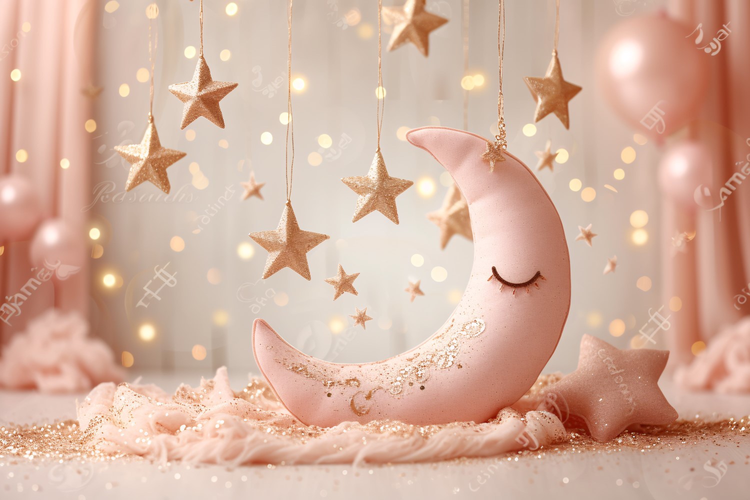 Ramadan Kareem Golden greeting banner design with pink colors moon and stars in the room