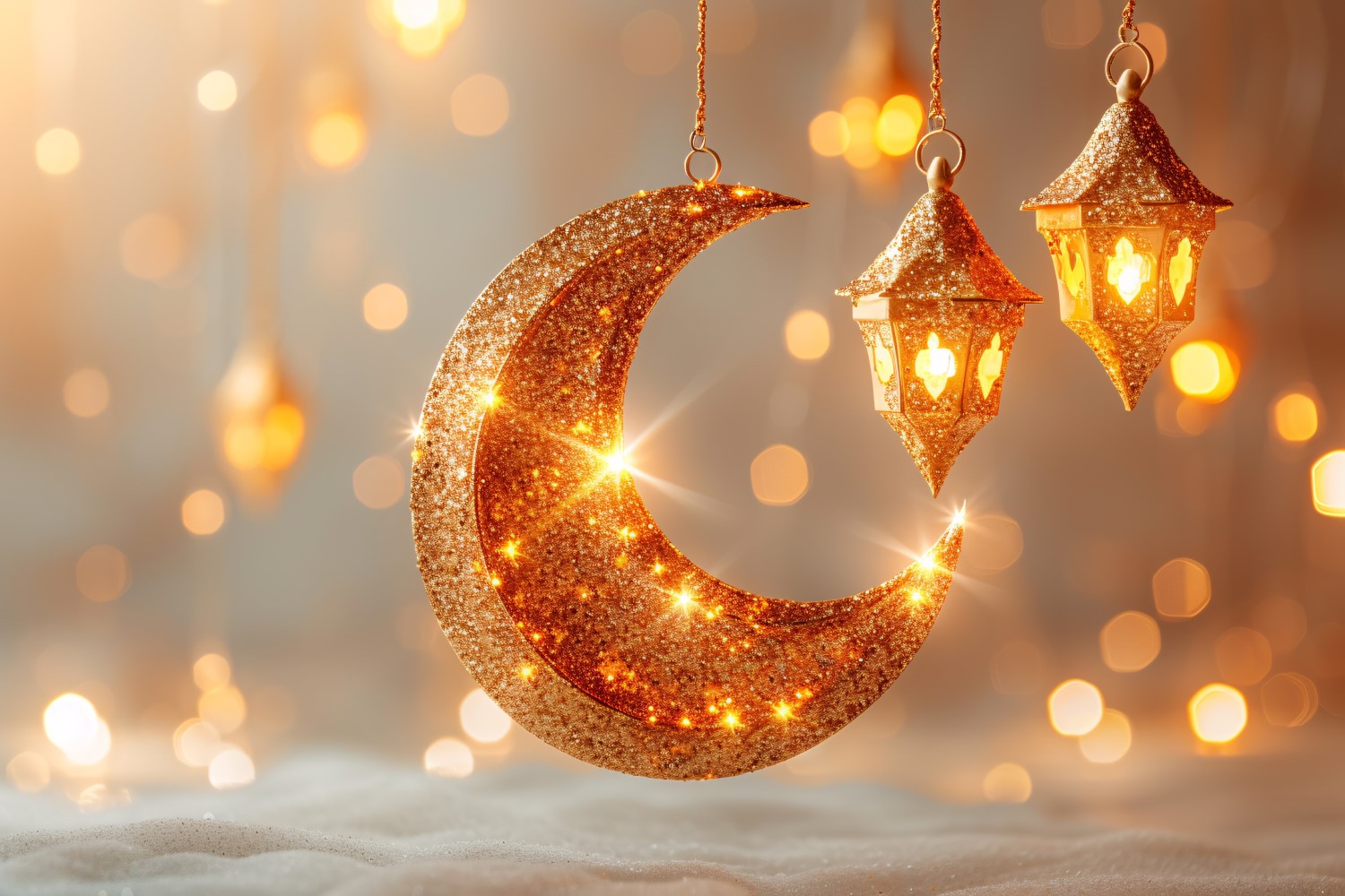 Ramadan greeting banner Golden moon with Lanterns & glitters