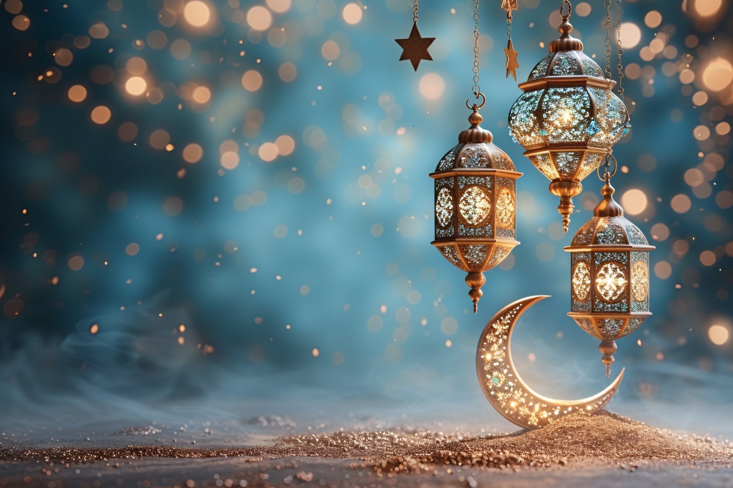 Ramadan Kareem greeting design with golden moon with lantern