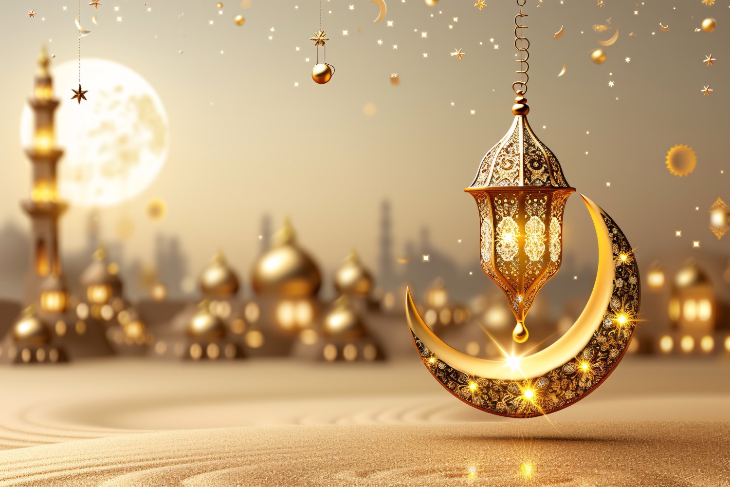 Ramadan Kareem greeting design with golden moon with lantern 01