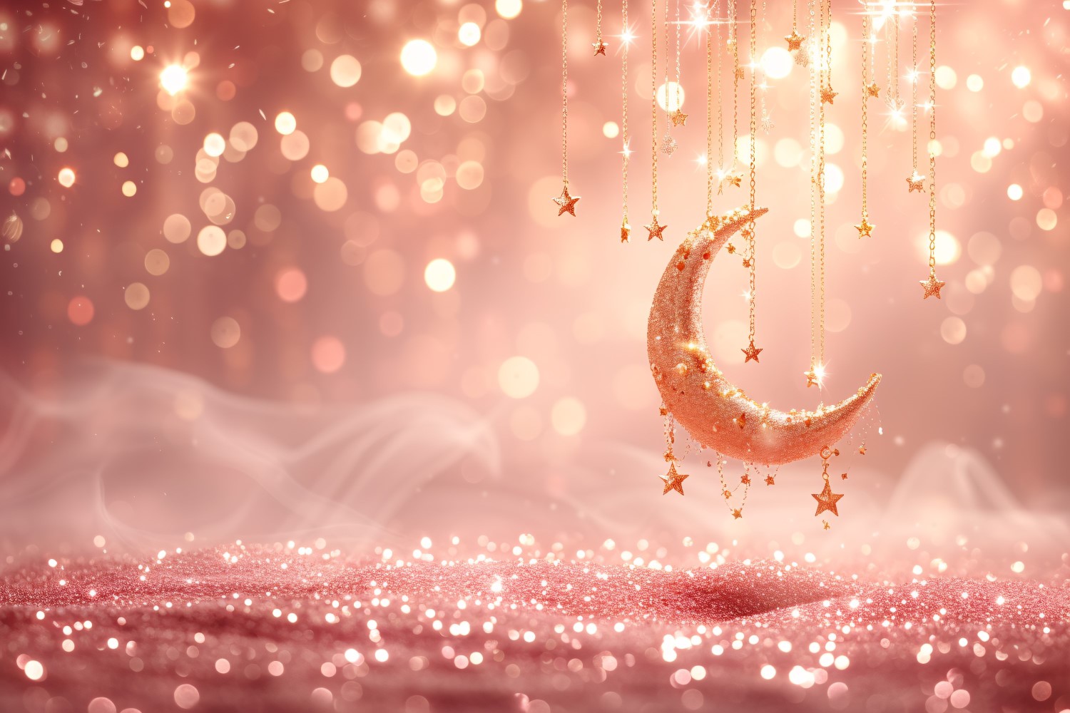 Ramadan greeting banner Golden Moon & glitters background