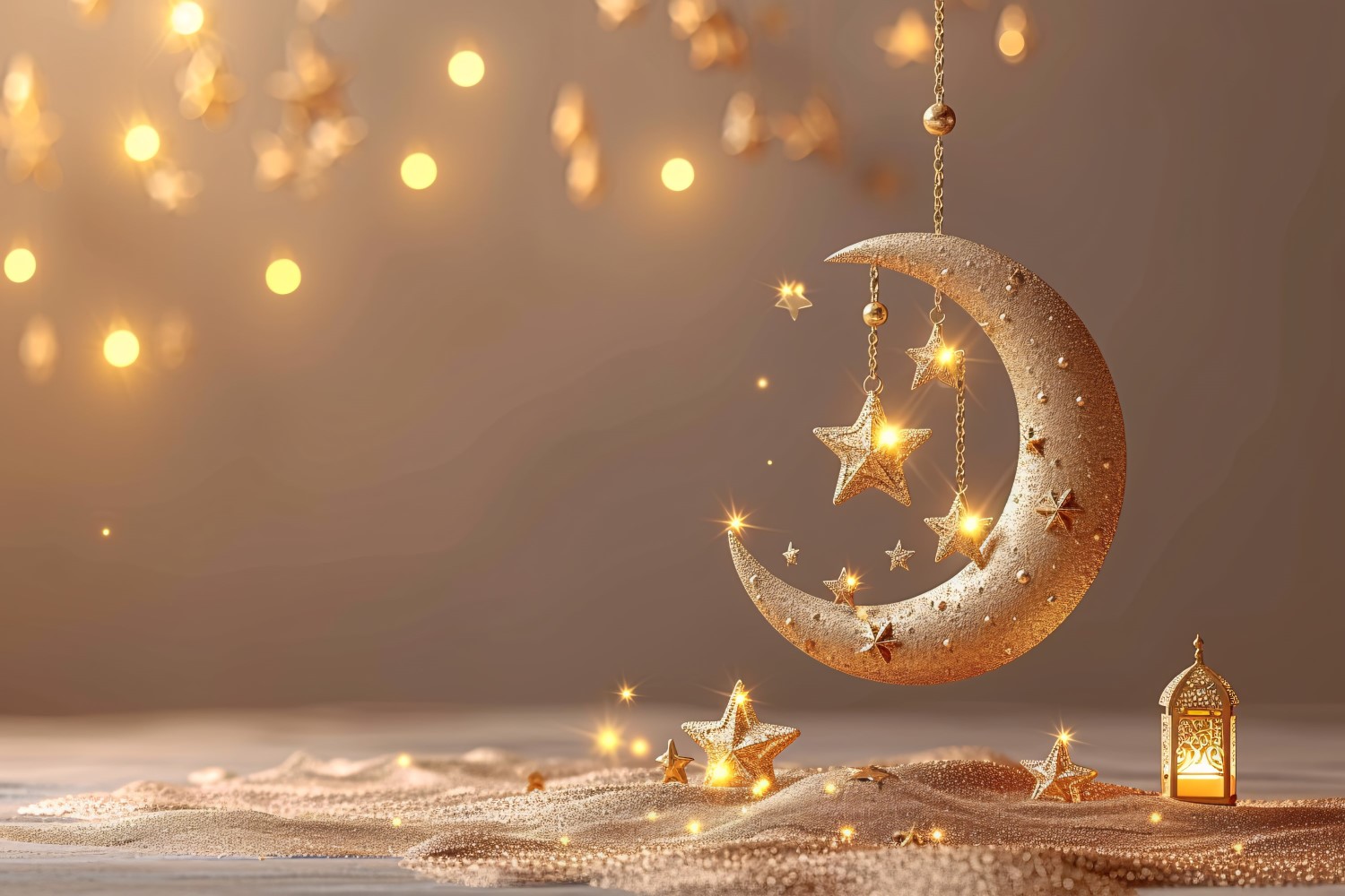 Ramadan greeting banner Golden Moon On lantern Background