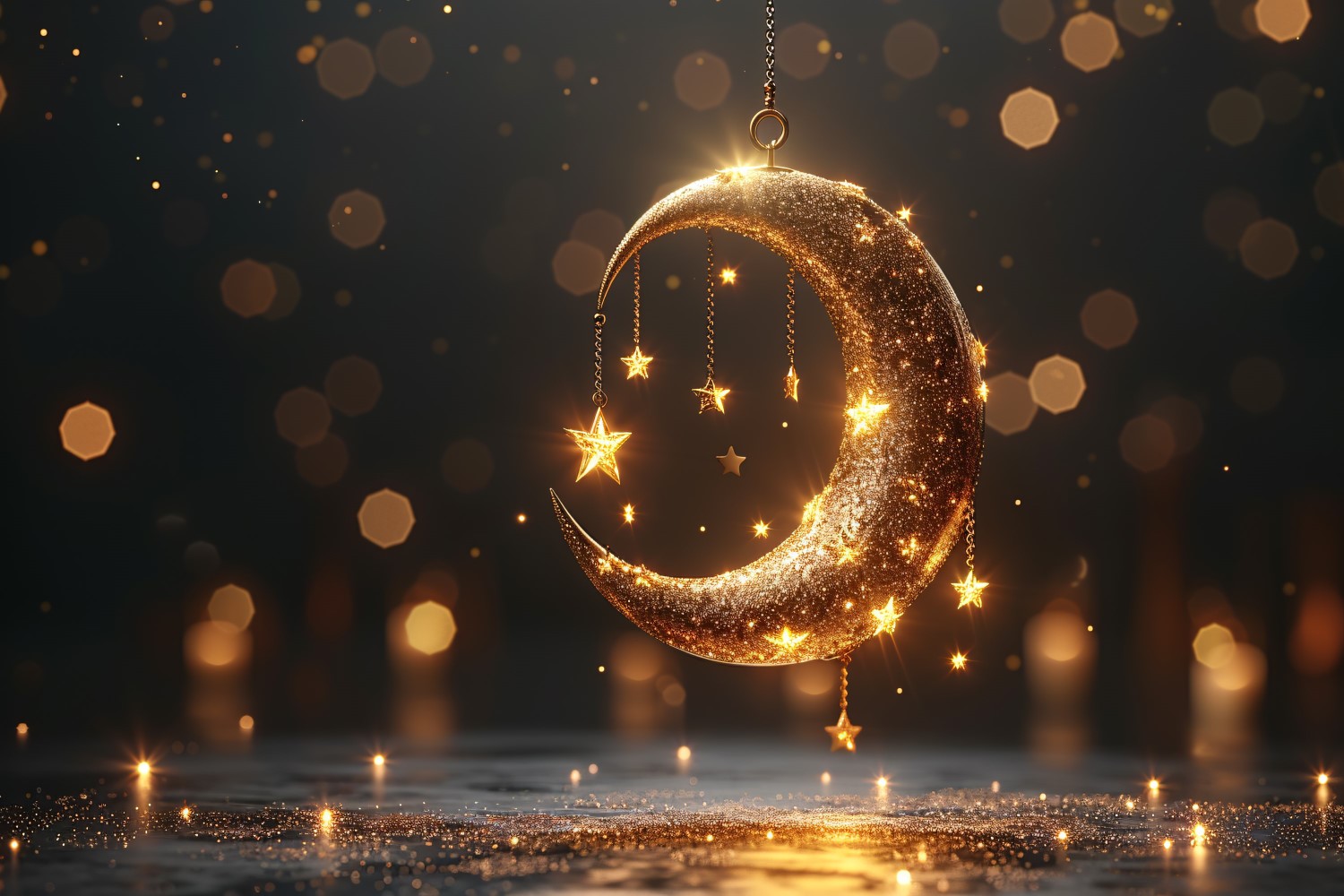 Ramadan Design with Golden Moon & glitter on dark background