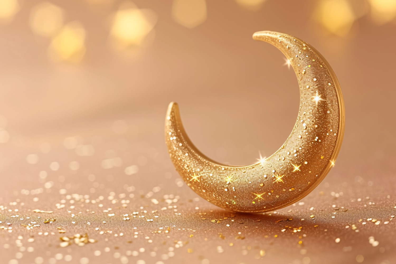 Ramadan greeting banner Golden Moon with glitter Background