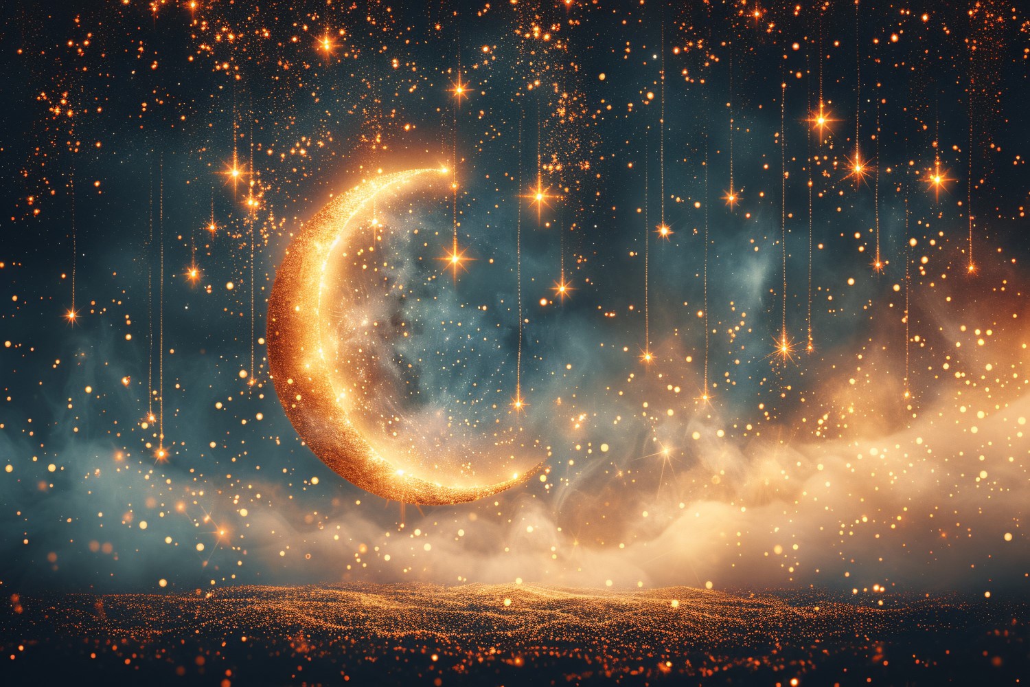 Ramadan greeting banner design with Golden Moon & glitters