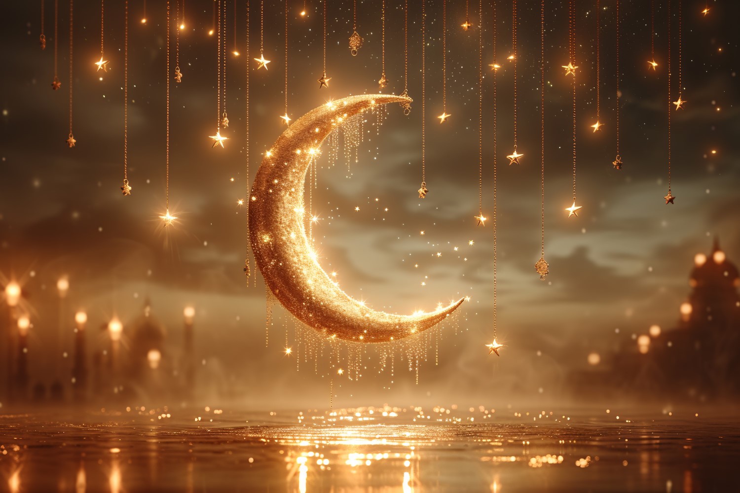 Ramadan design with Golden Moon & stars on dark backgound