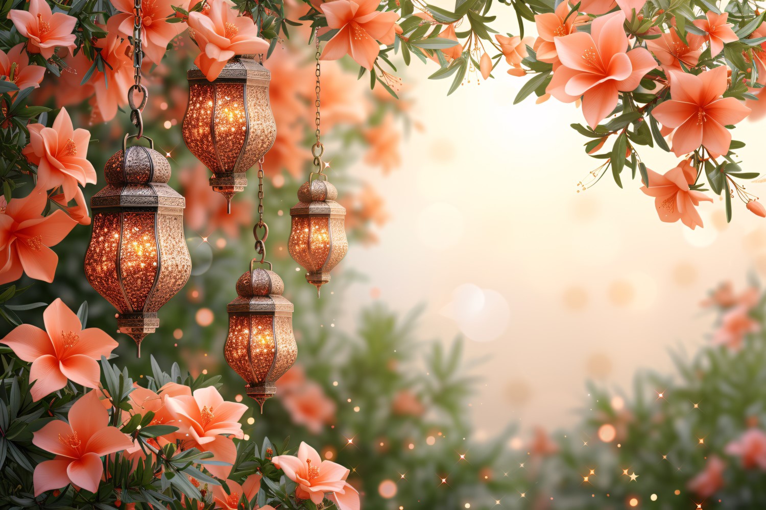 Ramadan Kareem greeting banner design with lantern & flowers