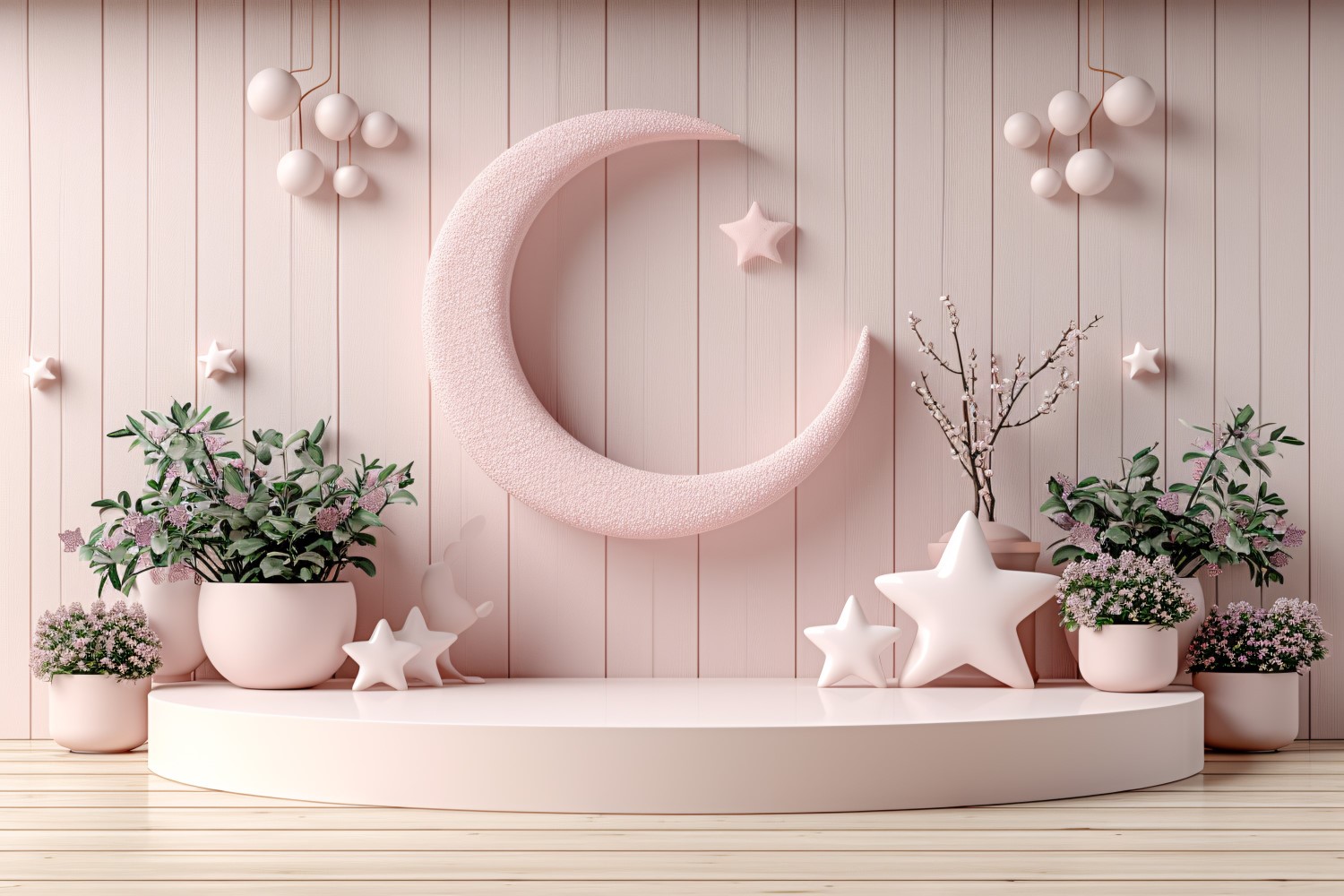 Ramadan Kareem design with moon and plants background