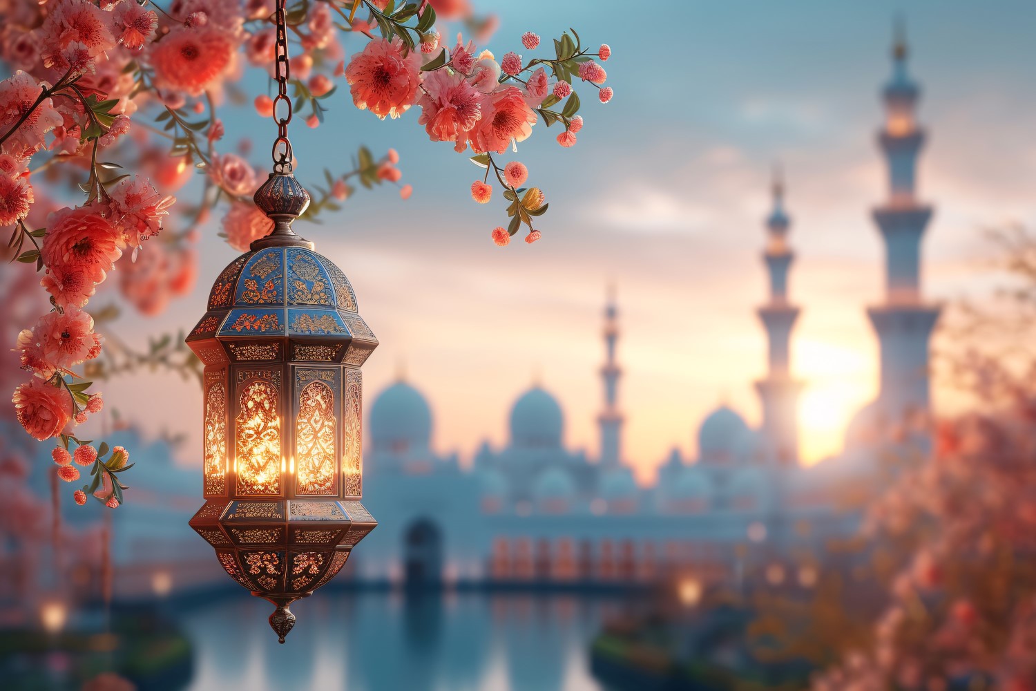 Ramadan Kareem greeting design with lantern & Flowers .