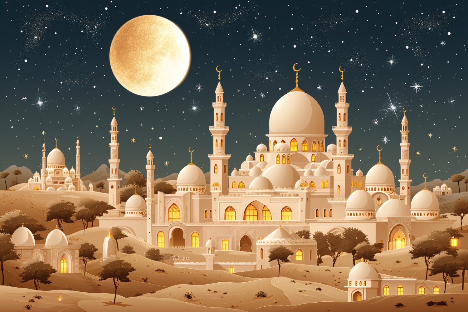 Ramadan Kareem greeting card design with moon & mosque