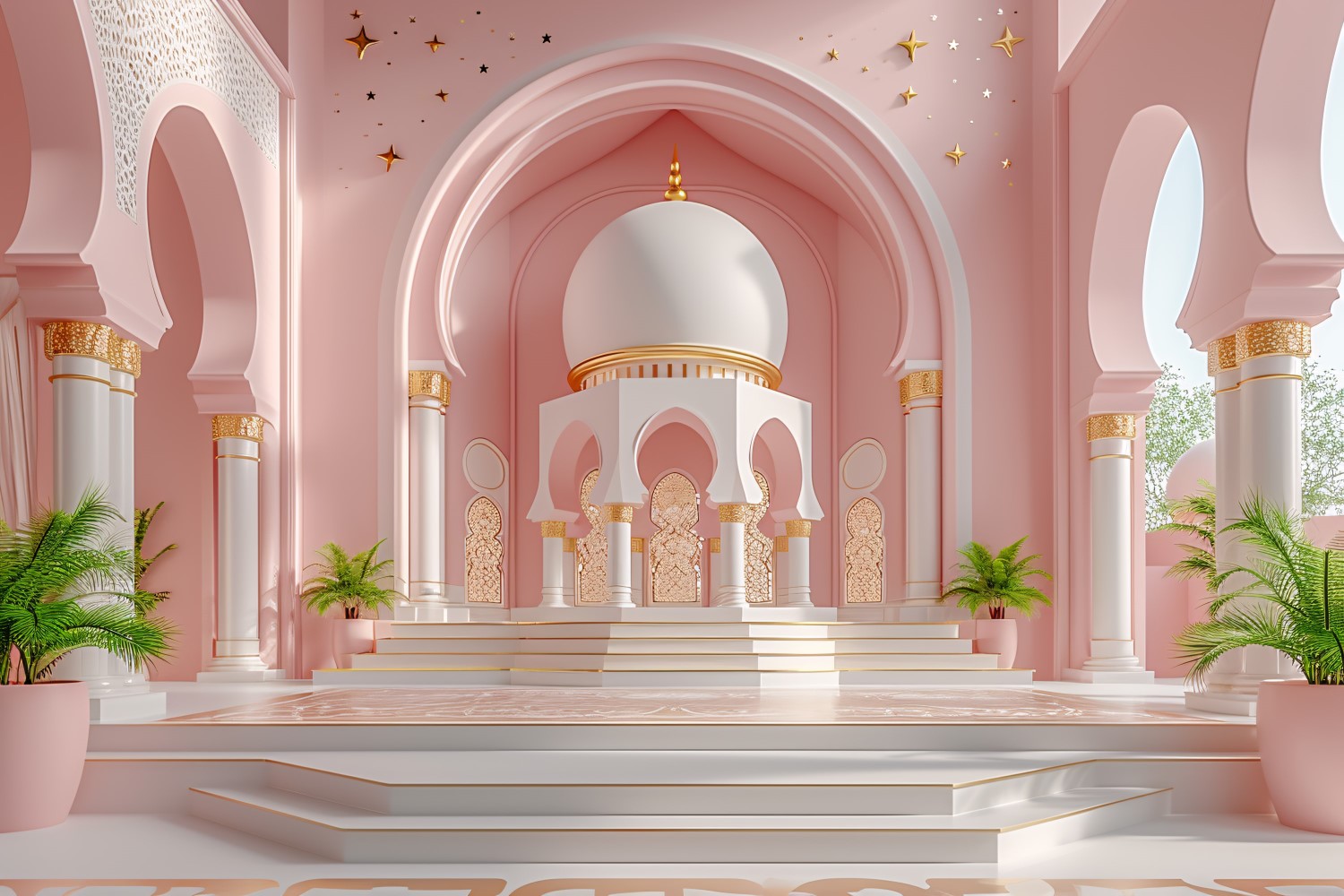 Ramadan Kareem greeting card design with pink and white mosque arch & green plants