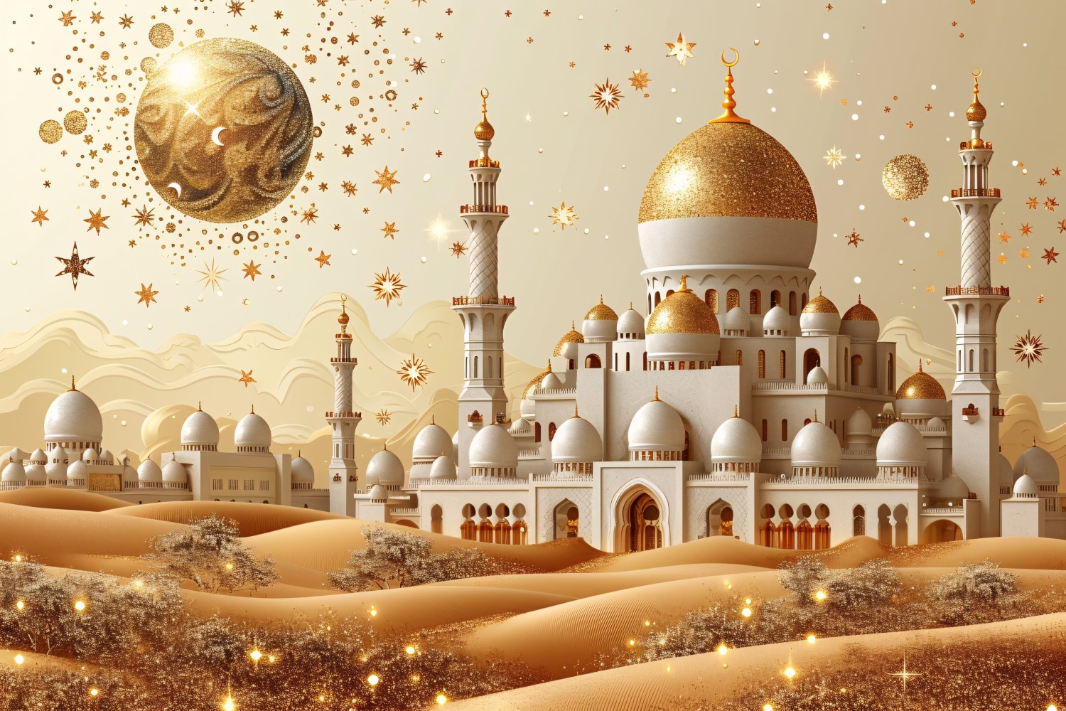Ramadan Kareem greeting card design with Golden mosque in the desert