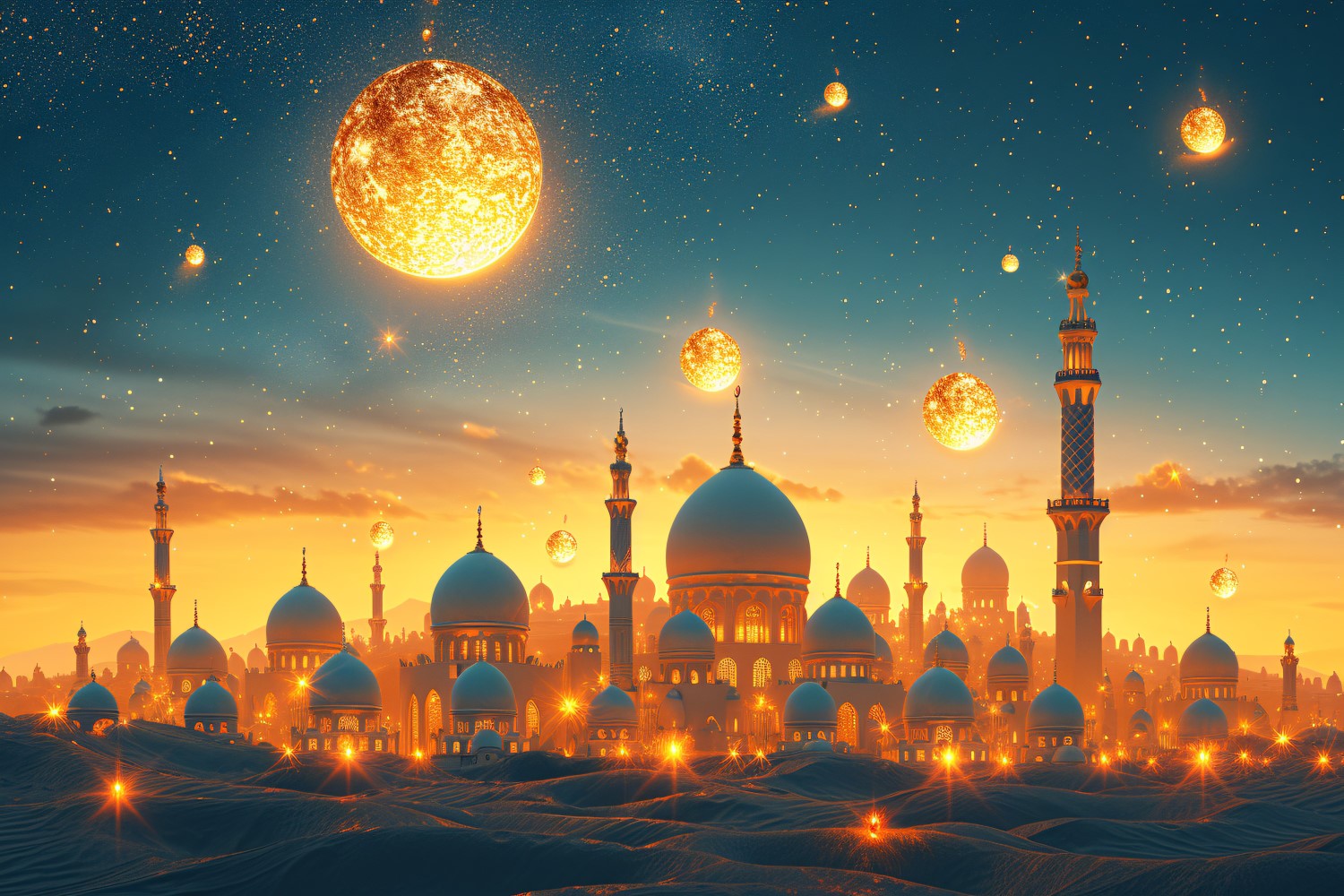 Ramadan Kareem greeting card banner design with Mosque minar and golden moon