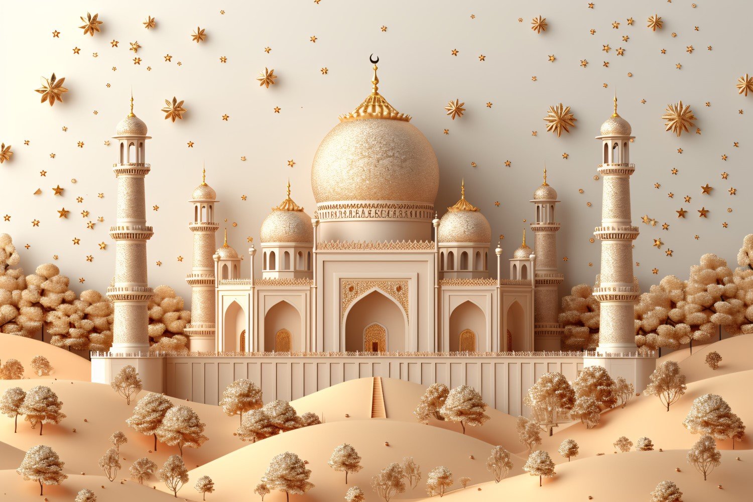 Ramadan kareem greeting banner design with Golden mosque in the desert