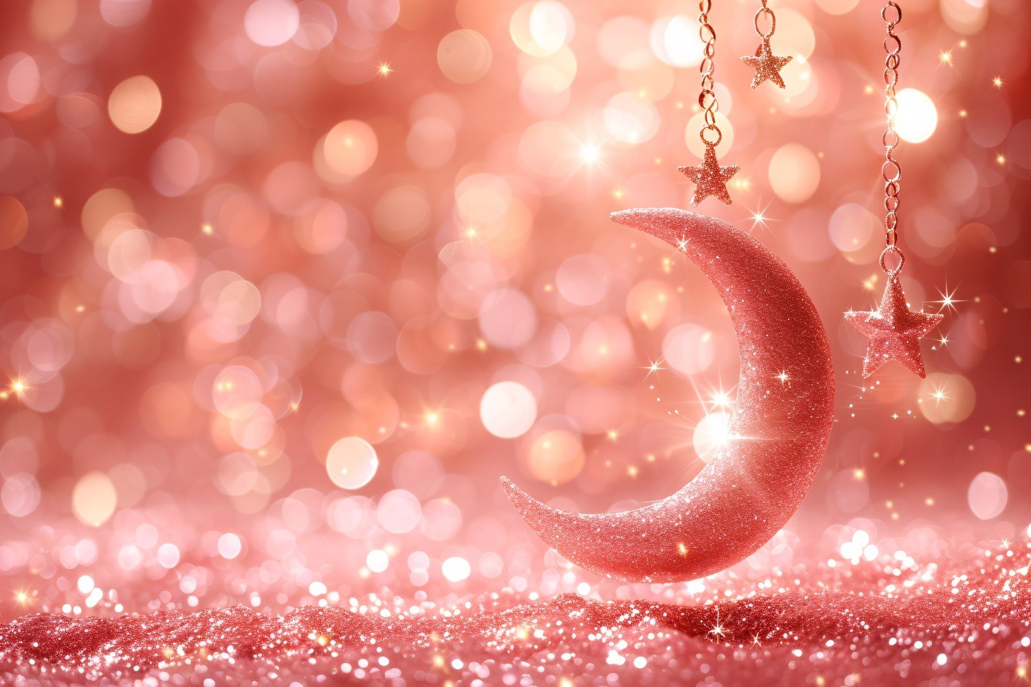 Ramadan Kareem greeting card banner design with pink moon and star with glitter and bokeh