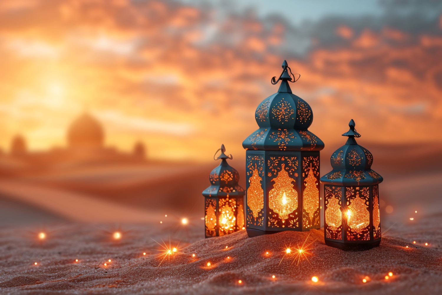 Ramadan greeting banner Golden lantern and desert Background