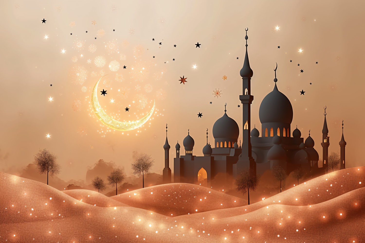 Ramadan greeting banner Golden Moon On Leather Background.