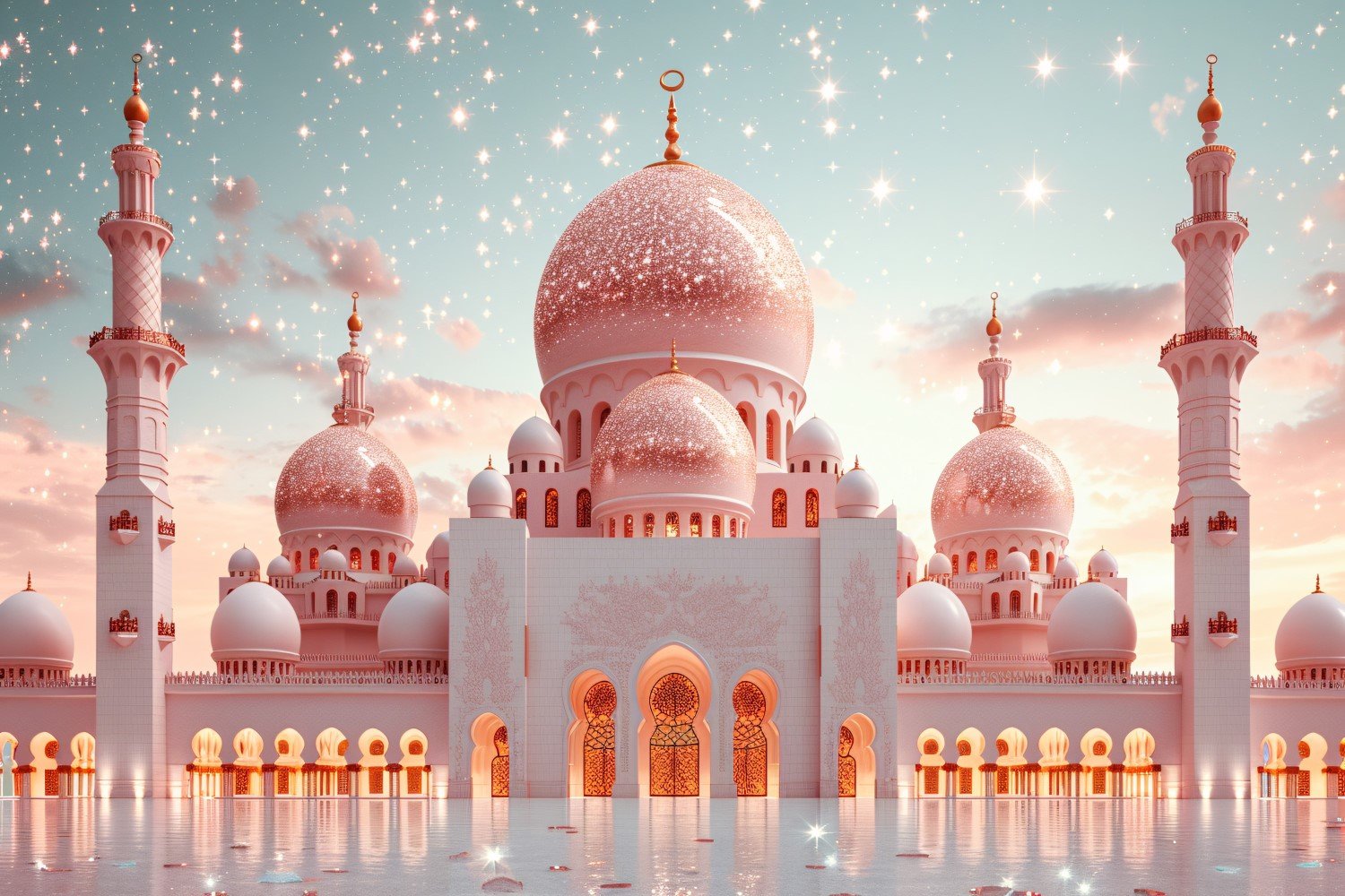 Ramadan Kareem greeting card banner poster design with Golden mosque and glitter