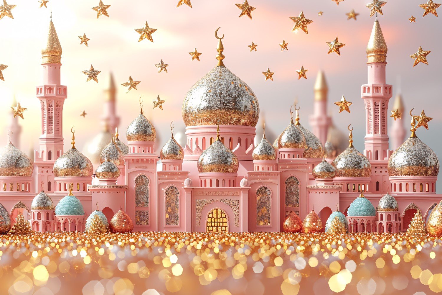 Ramadan Kareem greeting card banner poster design with Golden mosque and star