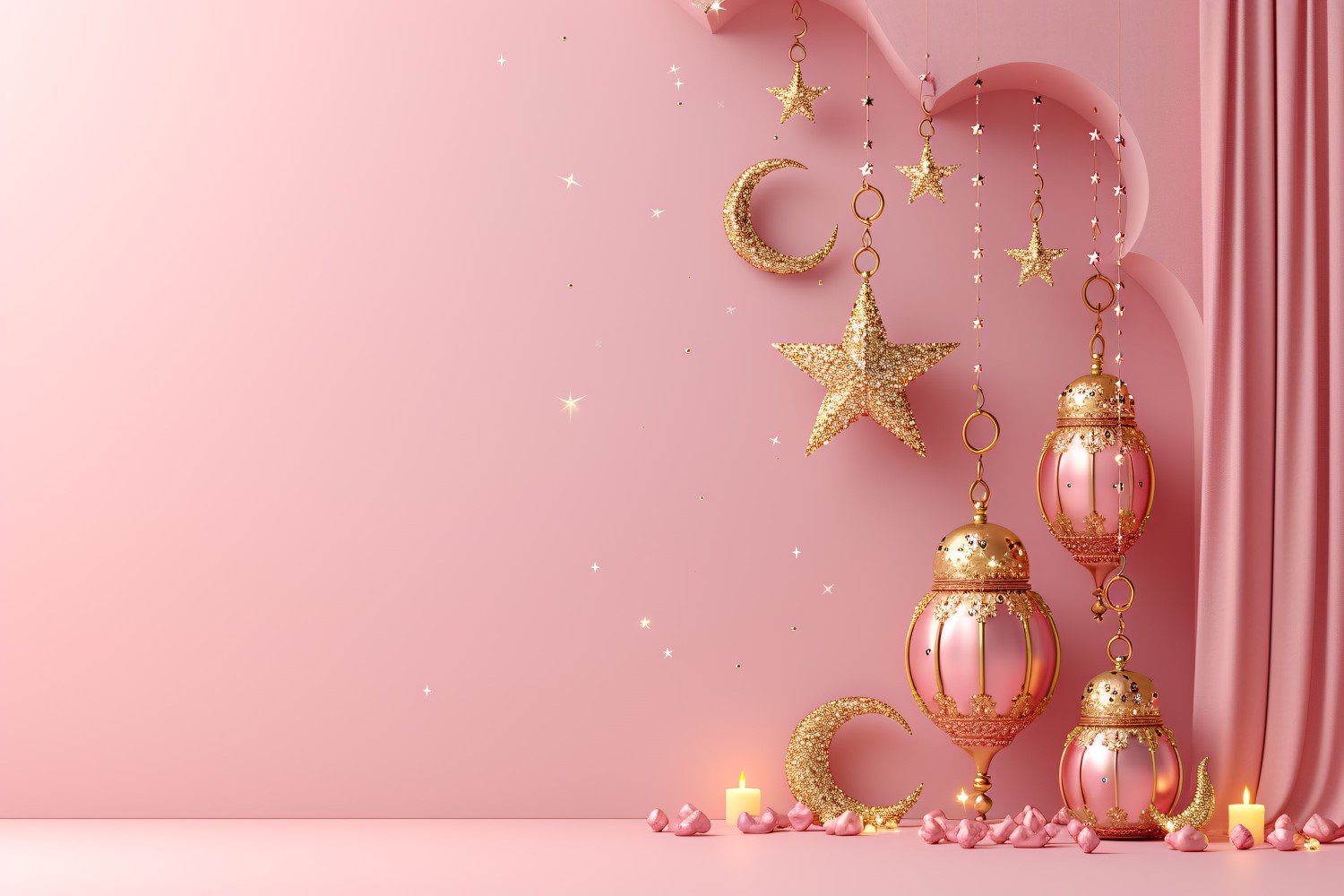 Ramadan Kareem greeting card banner poster design with pink star & lantern