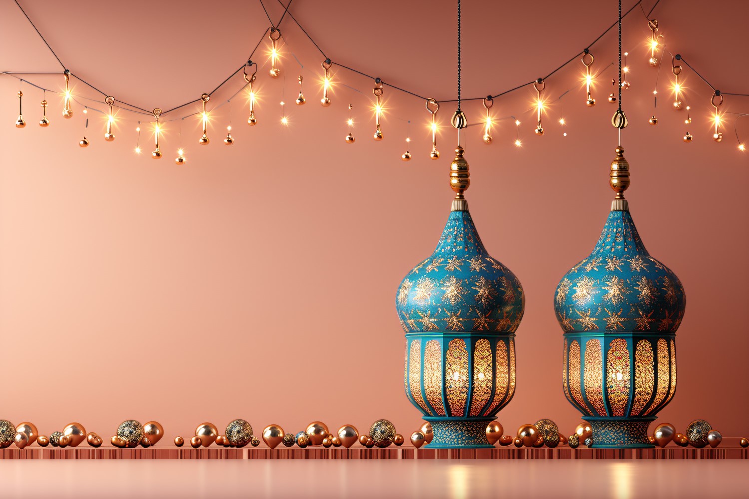 Ramadan greeting banner lantern and golden ball and light Background