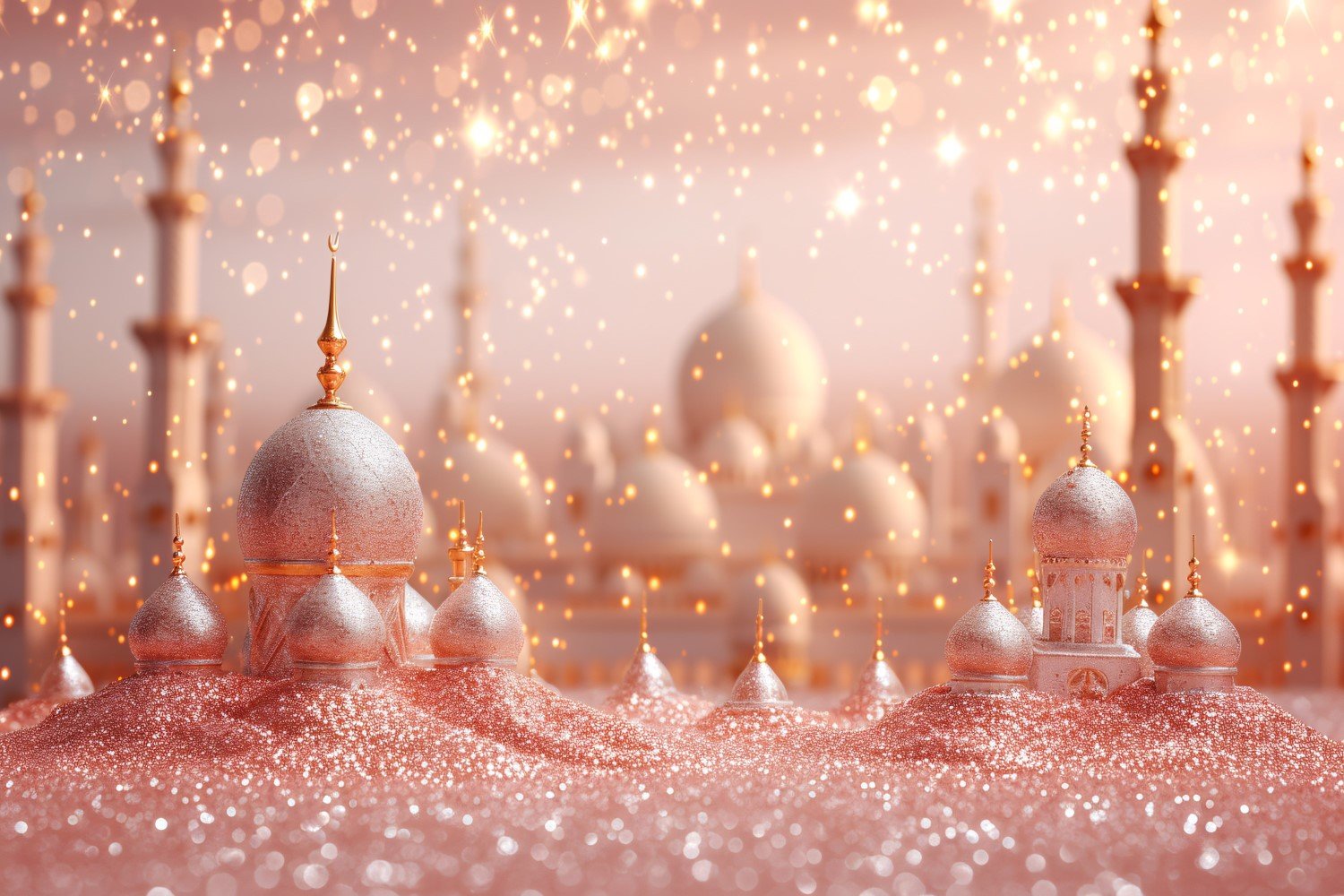 Ramadan greeting banner design glitter and mosque